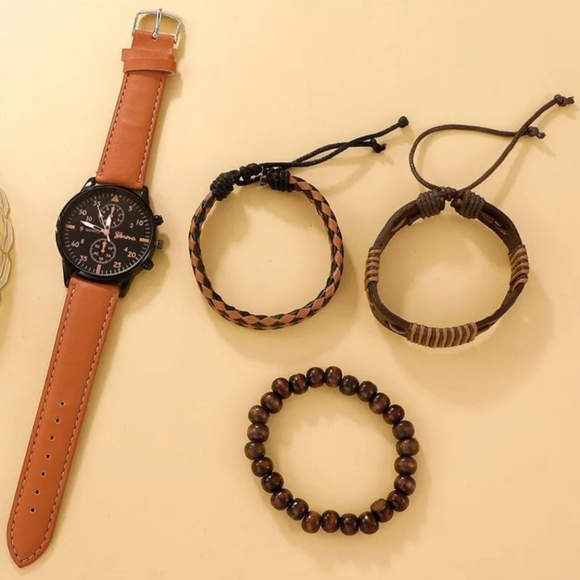 4pcs of brown and black  leather watch and bracelet - Picture 3 of 12